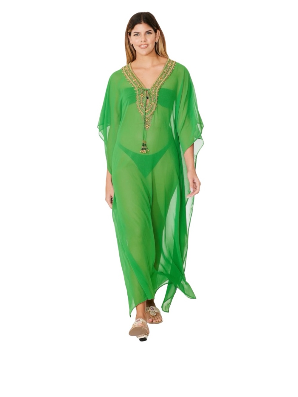 Ranee’s Lime Green Embroidered High End Beach Cover Up Cruise Kaftan One Size